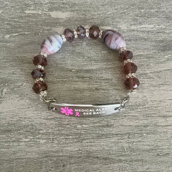 NEW! Lymphedema Or No Bp IV Medical ID Pink Ribbon Fuchsia Beaded Bracelet - Picture 1 of 3